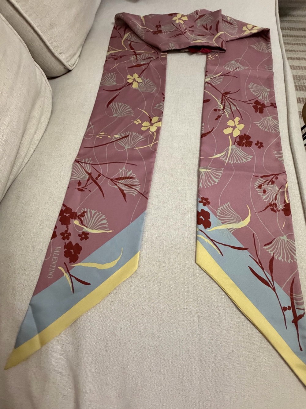 Valentino Mauve Floral Silk Twilly with Yellow and Blue Trim